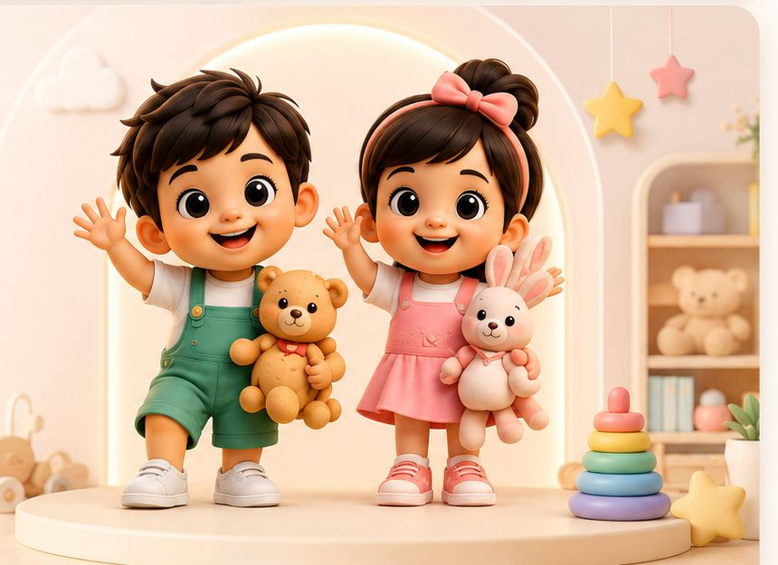 Two happy toddlers waving, holding a teddy bear and bunny